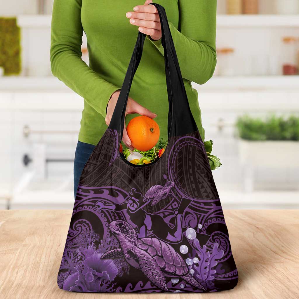 Purple Aloha Hawaii Grocery Bag Snorkeling With Sea Turtle Polynesian Pattern LT14 - Polynesian Pride