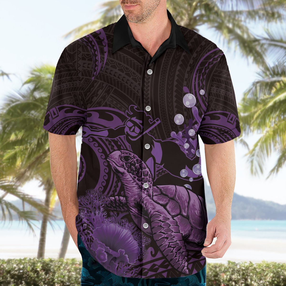 Purple Aloha Hawaii Hawaiian Shirt Snorkeling With Sea Turtle Polynesian Pattern LT14 - Polynesian Pride