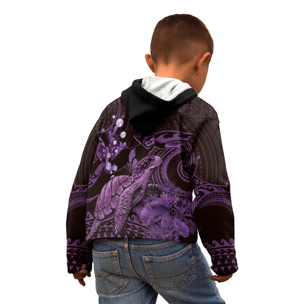 Purple Aloha Hawaii Kid Hoodie Snorkeling With Sea Turtle Polynesian Pattern