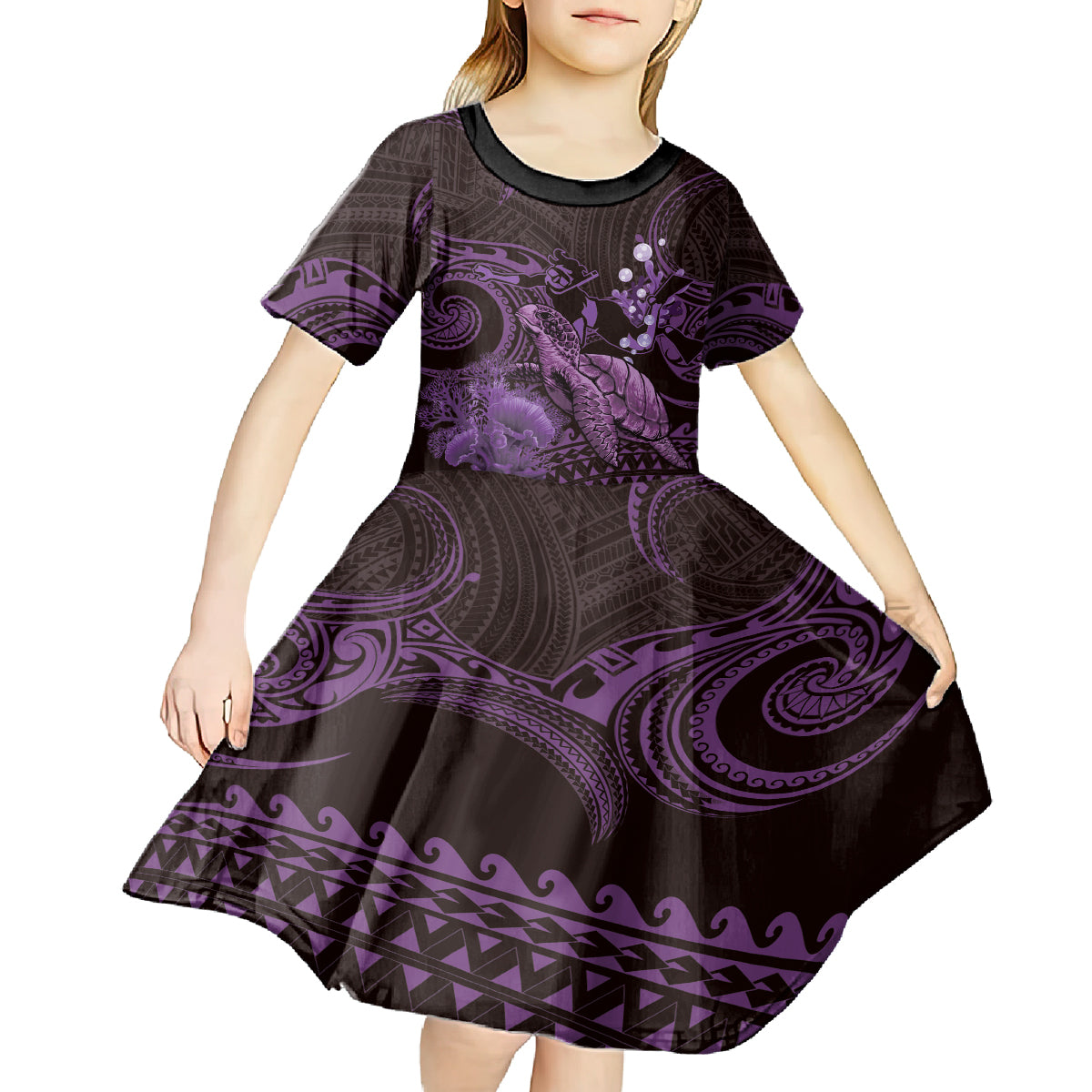 Purple Aloha Hawaii Kid Short Sleeve Dress Snorkeling With Sea Turtle Polynesian Pattern