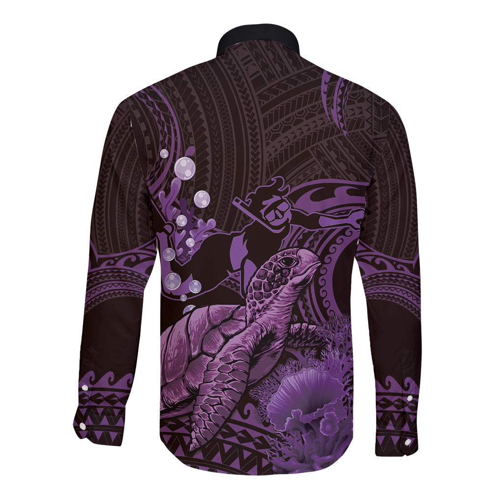 Purple Aloha Hawaii Long Sleeve Button Shirt Snorkeling With Sea Turtle Polynesian Pattern