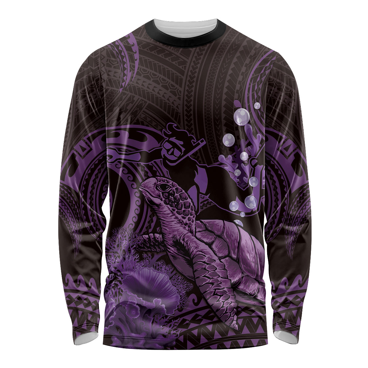 Purple Aloha Hawaii Long Sleeve Shirt Snorkeling With Sea Turtle Polynesian Pattern