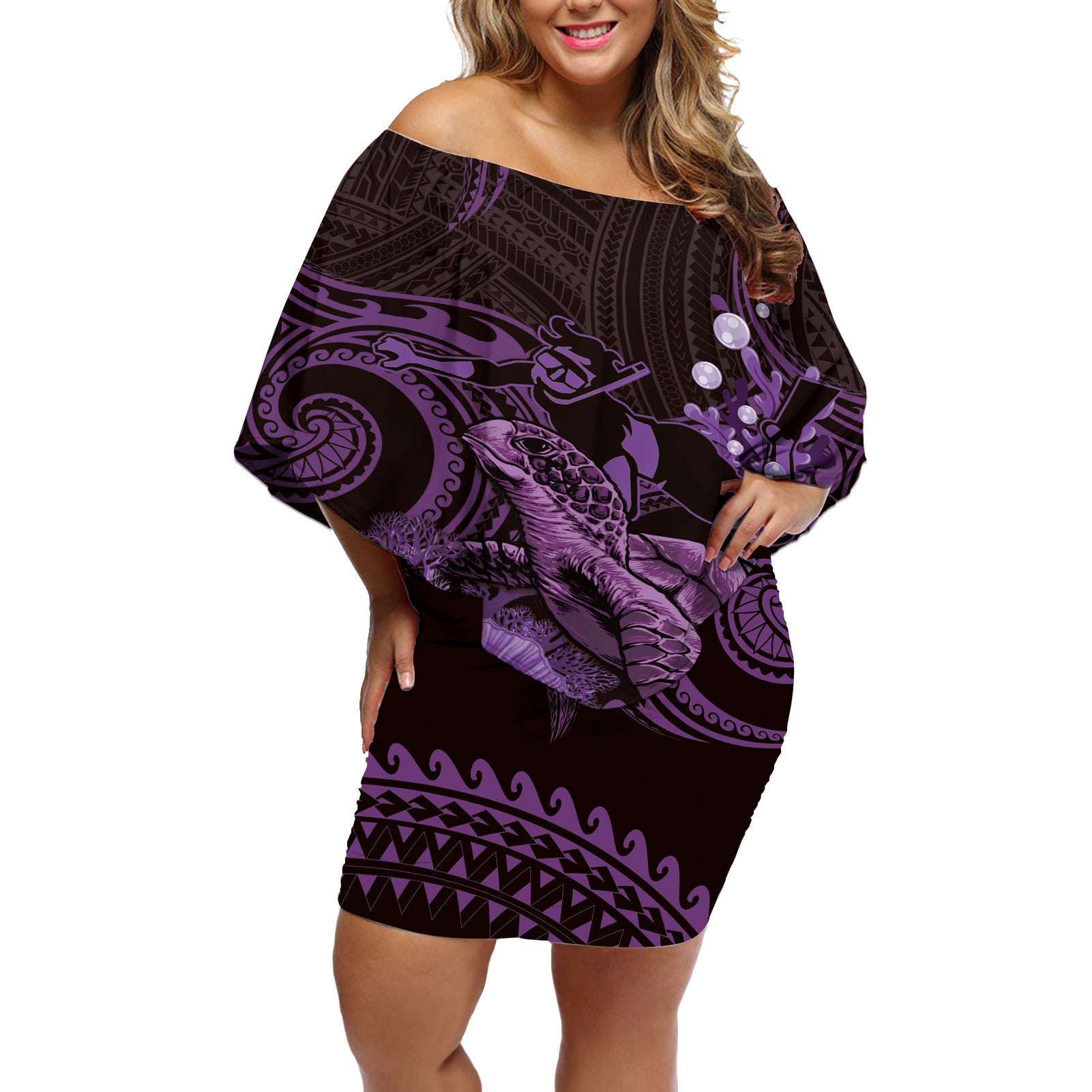 Purple Aloha Hawaii Off Shoulder Short Dress Snorkeling With Sea Turtle Polynesian Pattern