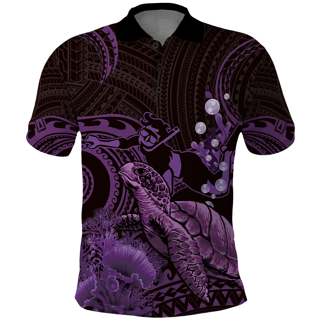 Purple Aloha Hawaii Polo Shirt Snorkeling With Sea Turtle Polynesian Pattern