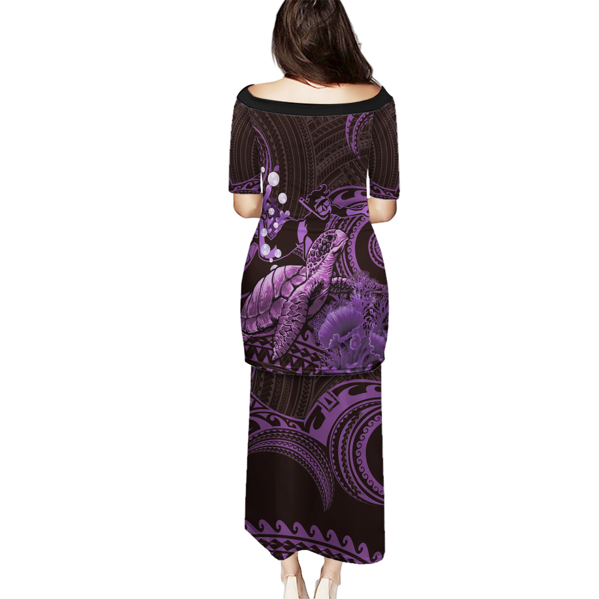 Purple Aloha Hawaii Puletasi Snorkeling With Sea Turtle Polynesian Pattern LT14 - Polynesian Pride