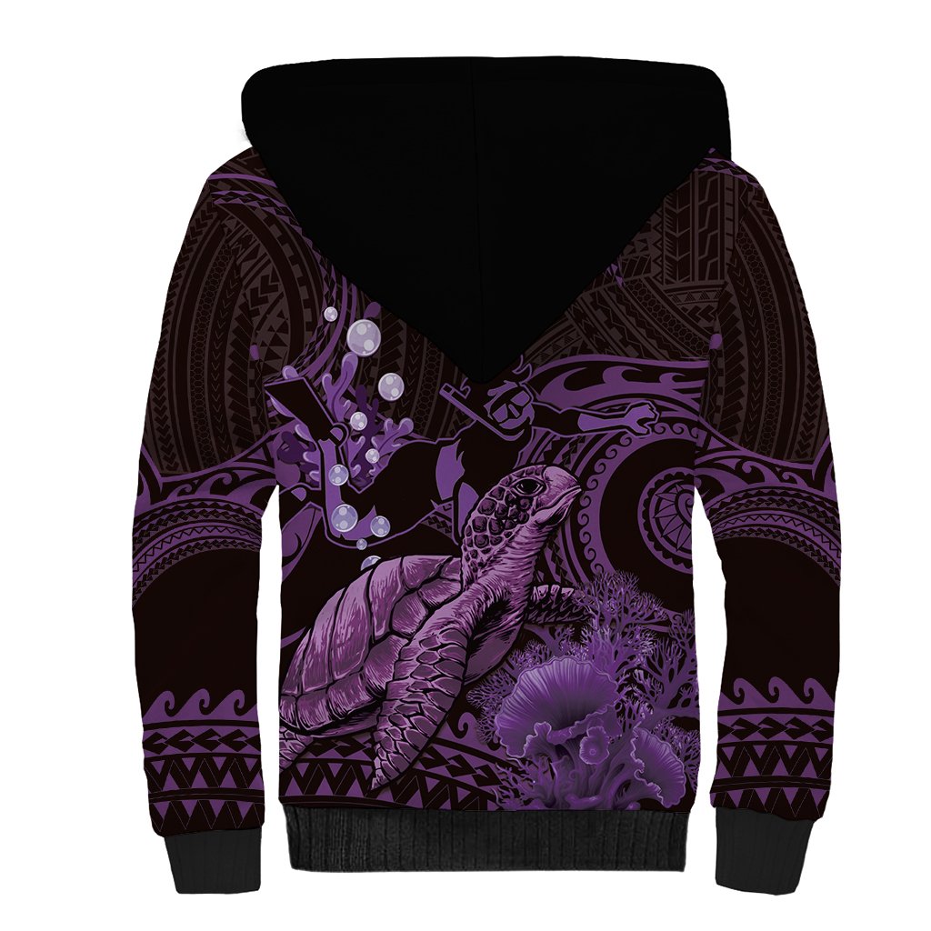 Purple Aloha Hawaii Sherpa Hoodie Snorkeling With Sea Turtle Polynesian Pattern LT14 - Polynesian Pride