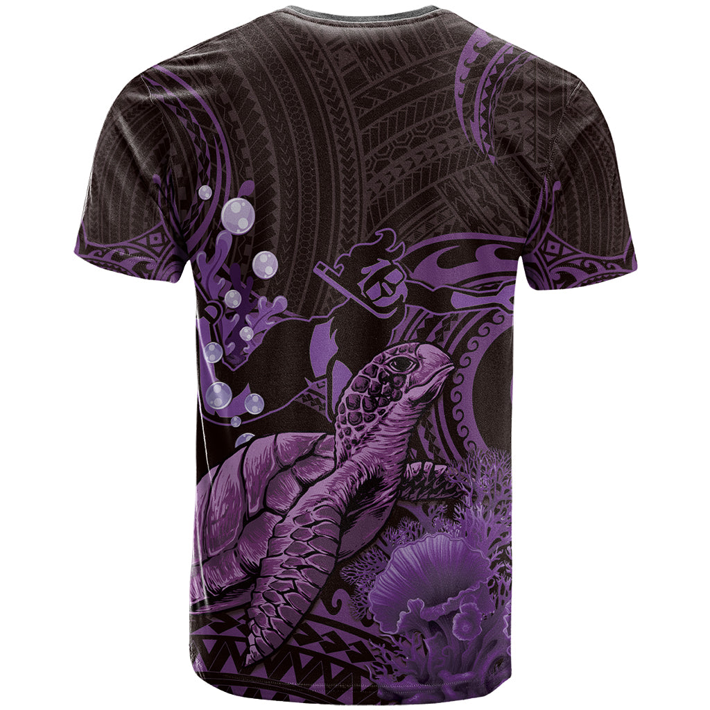 Purple Aloha Hawaii T Shirt Snorkeling With Sea Turtle Polynesian Pattern