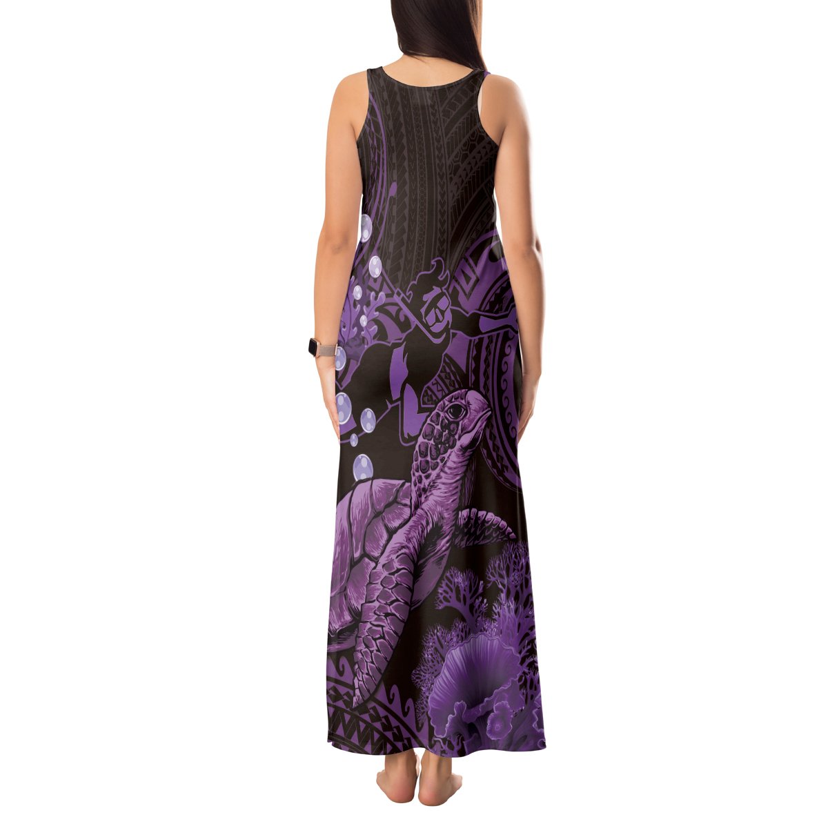 Purple Aloha Hawaii Tank Maxi Dress Snorkeling With Sea Turtle Polynesian Pattern LT14 - Polynesian Pride
