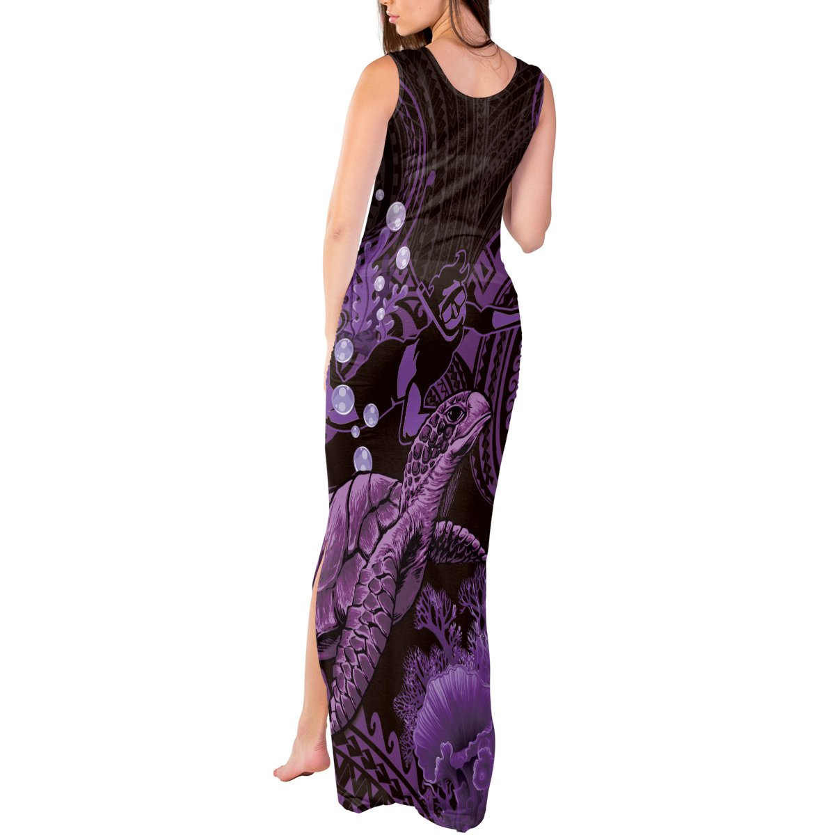 Purple Aloha Hawaii Tank Maxi Dress Snorkeling With Sea Turtle Polynesian Pattern LT14 - Polynesian Pride