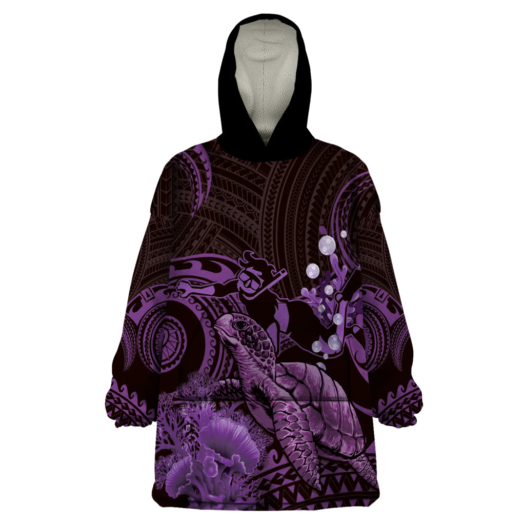 Purple Aloha Hawaii Wearable Blanket Hoodie Snorkeling With Sea Turtle Polynesian Pattern