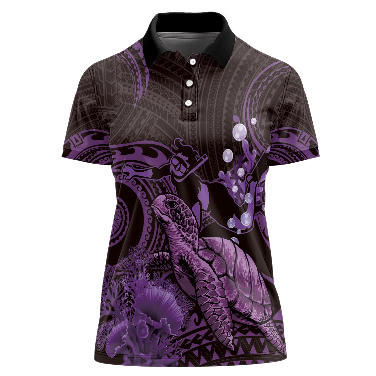 Purple Aloha Hawaii Women Polo Shirt Snorkeling With Sea Turtle Polynesian Pattern