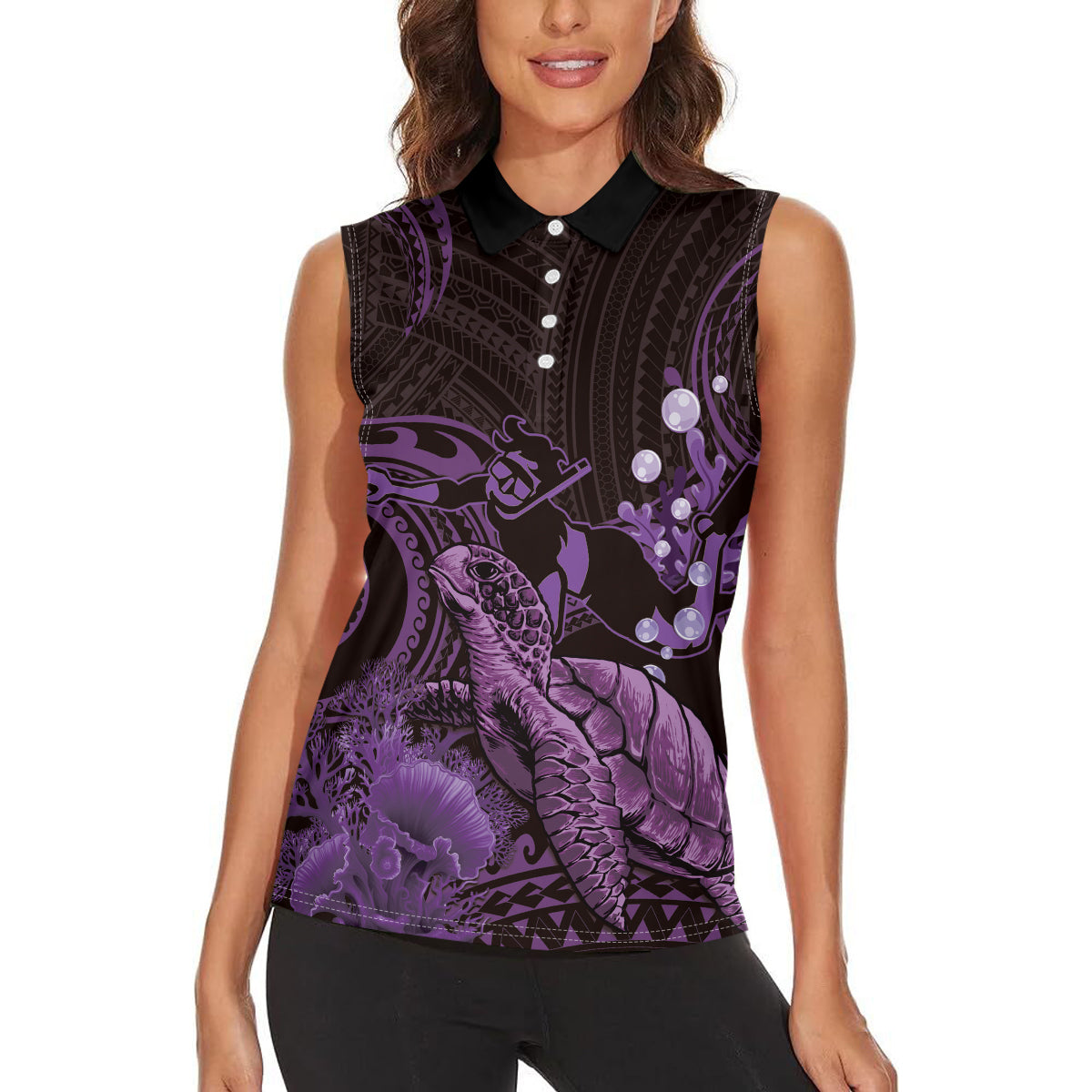 Purple Aloha Hawaii Women Sleeveless Polo Shirt Snorkeling With Sea Turtle Polynesian Pattern