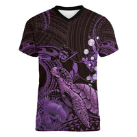 Purple Aloha Hawaii Women V-Neck T-Shirt Snorkeling With Sea Turtle Polynesian Pattern