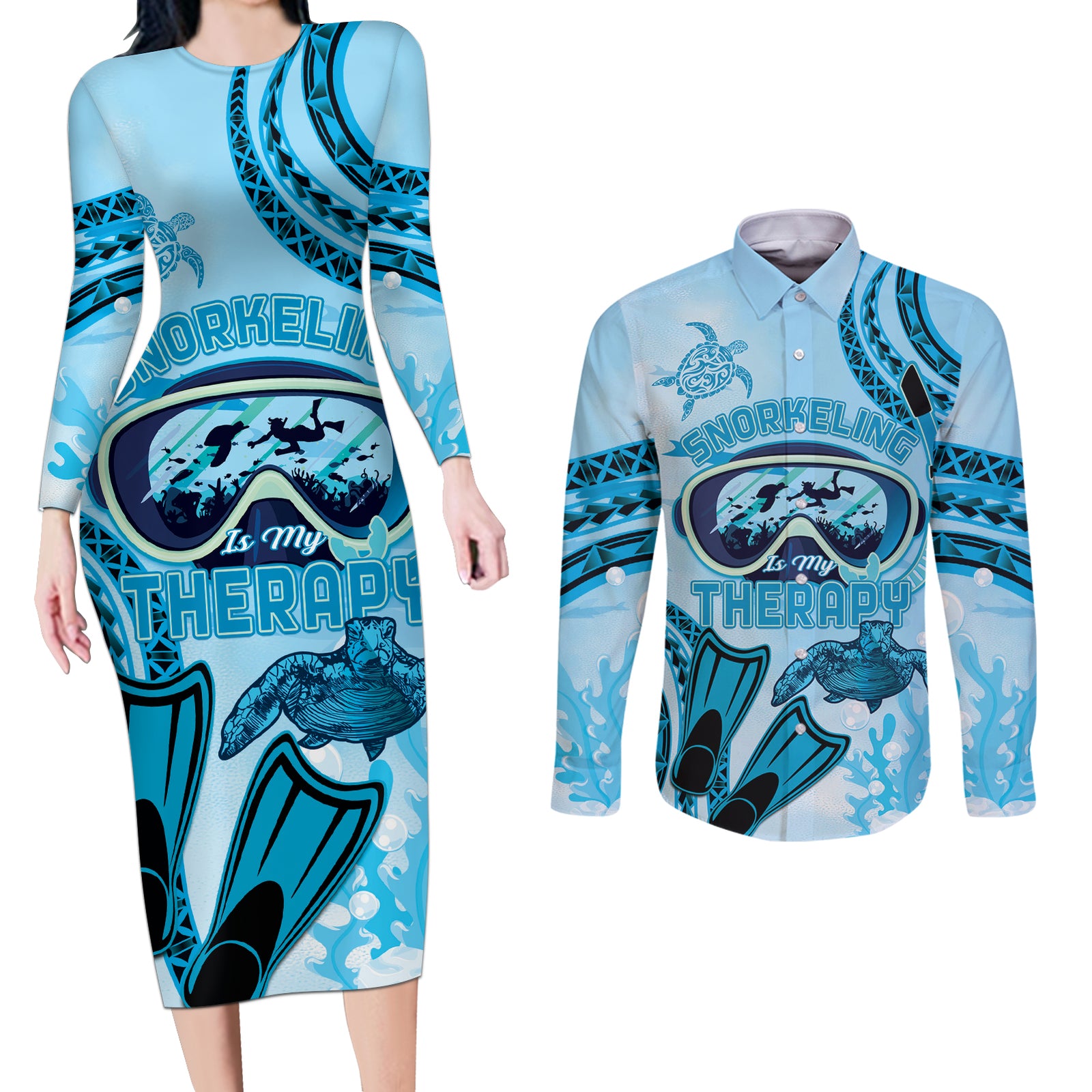Hawaii Sea Turtle Snorkeling Is My Therapy Couples Matching Long Sleeve Bodycon Dress and Long Sleeve Button Shirt LT14 Blue - Polynesian Pride