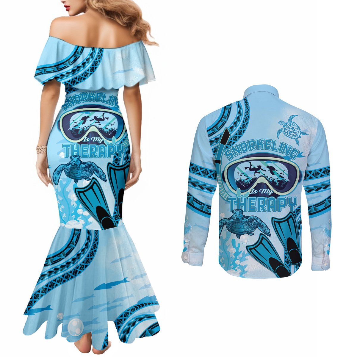 Hawaii Sea Turtle Snorkeling Is My Therapy Couples Matching Mermaid Dress and Long Sleeve Button Shirt LT14 - Polynesian Pride