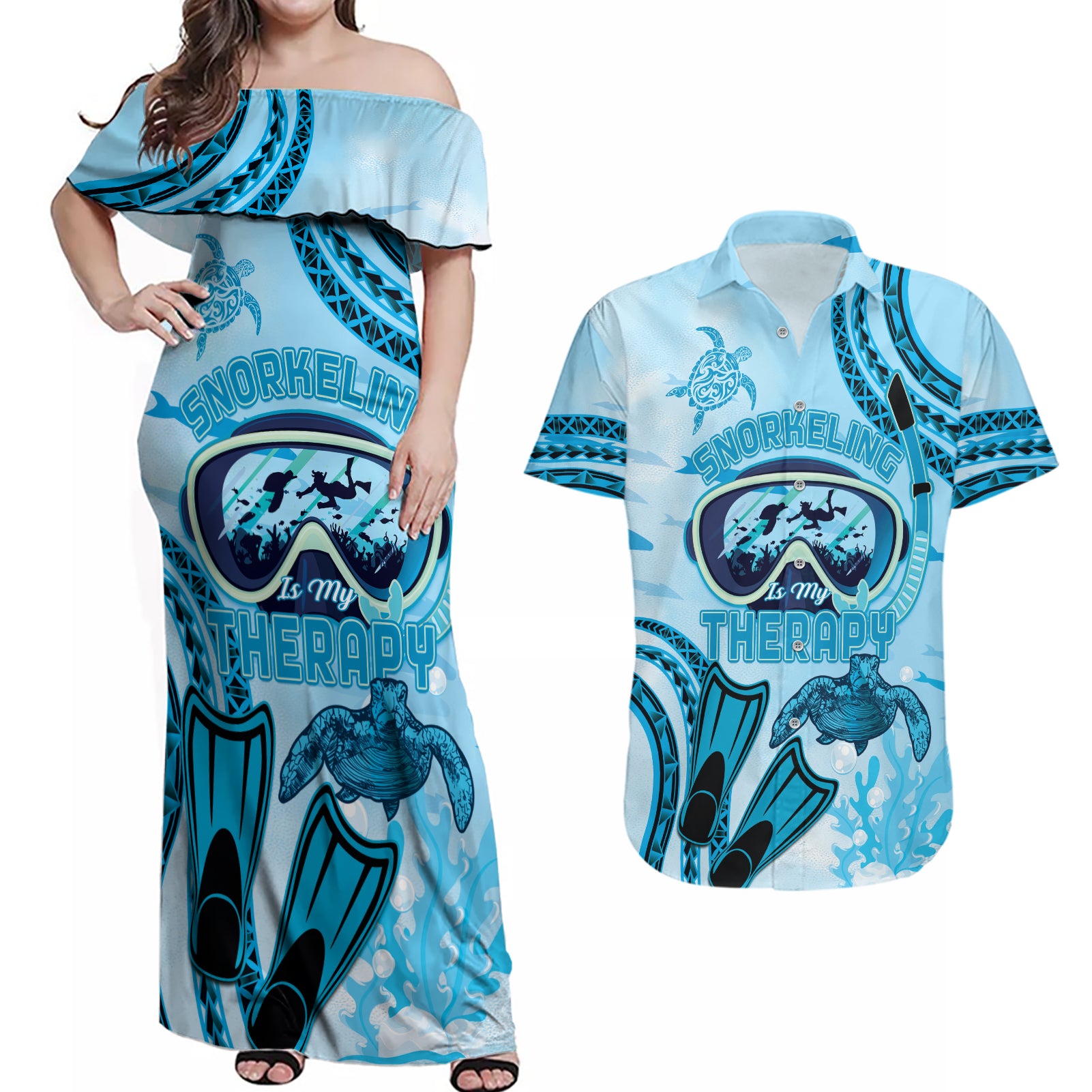 Hawaii Sea Turtle Snorkeling Is My Therapy Couples Matching Off Shoulder Maxi Dress and Hawaiian Shirt