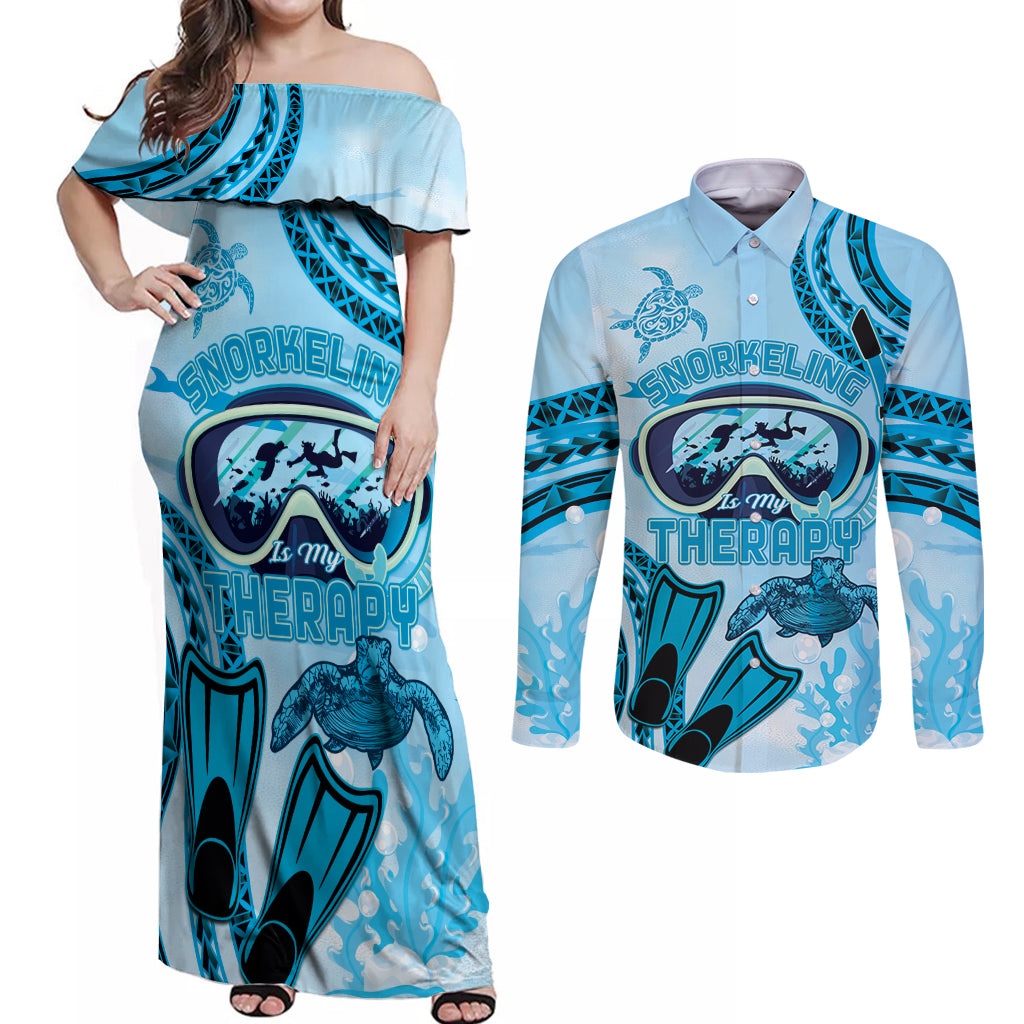 Hawaii Sea Turtle Snorkeling Is My Therapy Couples Matching Off Shoulder Maxi Dress and Long Sleeve Button Shirt LT14 Blue - Polynesian Pride
