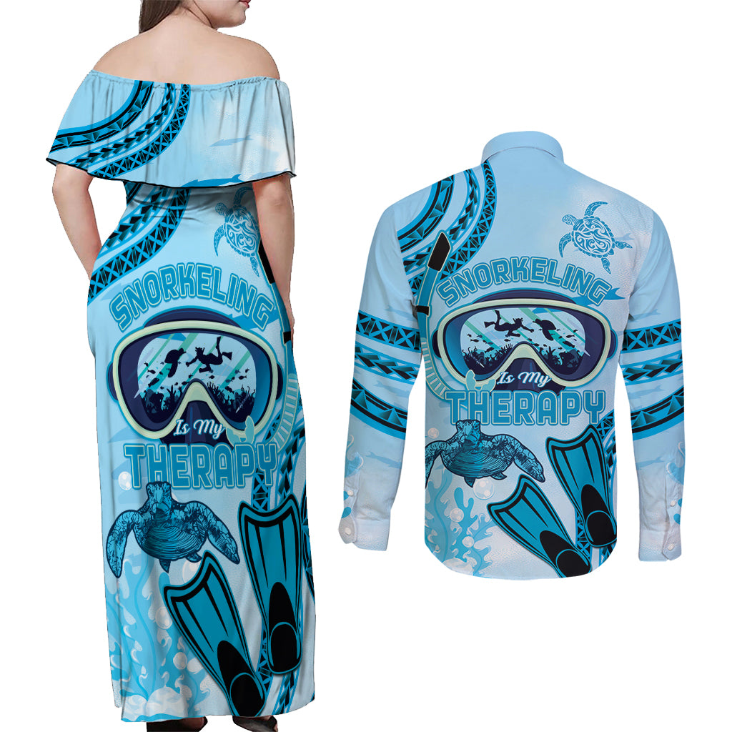 Hawaii Sea Turtle Snorkeling Is My Therapy Couples Matching Off Shoulder Maxi Dress and Long Sleeve Button Shirt LT14 - Polynesian Pride