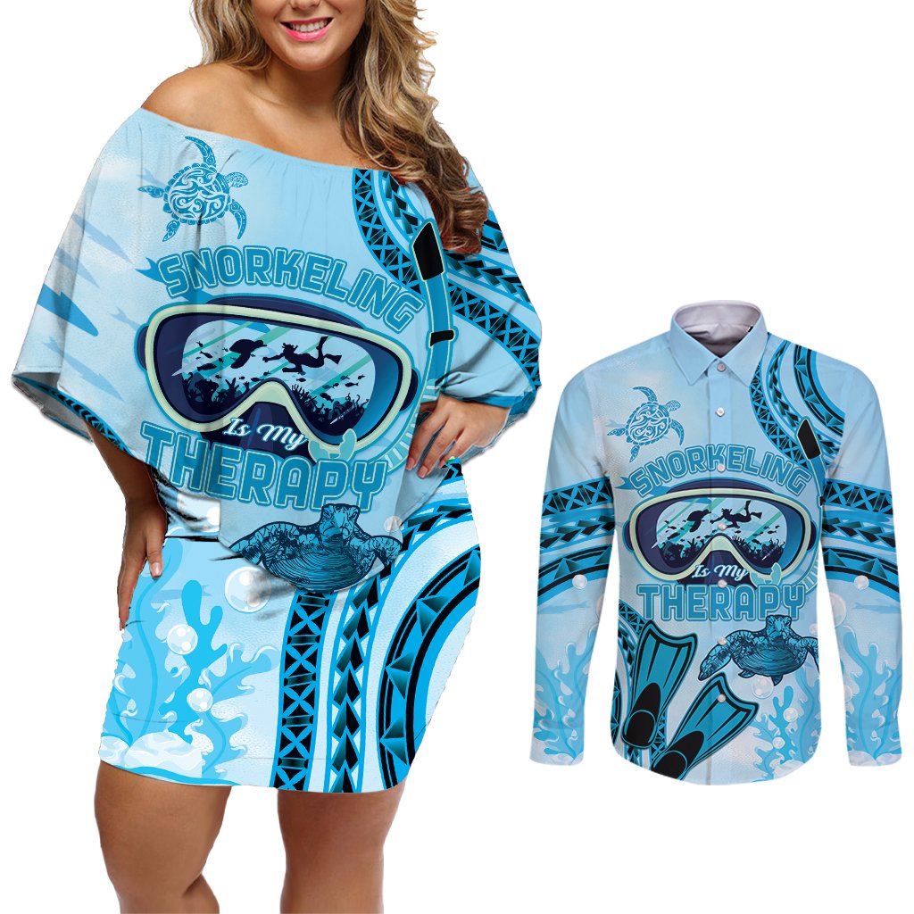 Hawaii Sea Turtle Snorkeling Is My Therapy Couples Matching Off Shoulder Short Dress and Long Sleeve Button Shirt LT14 Blue - Polynesian Pride
