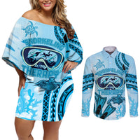 Hawaii Sea Turtle Snorkeling Is My Therapy Couples Matching Off Shoulder Short Dress and Long Sleeve Button Shirt LT14 Blue - Polynesian Pride