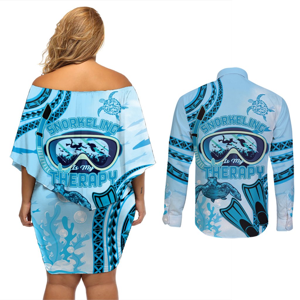 Hawaii Sea Turtle Snorkeling Is My Therapy Couples Matching Off Shoulder Short Dress and Long Sleeve Button Shirt LT14 - Polynesian Pride