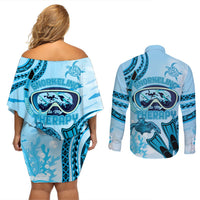 Hawaii Sea Turtle Snorkeling Is My Therapy Couples Matching Off Shoulder Short Dress and Long Sleeve Button Shirt LT14 - Polynesian Pride