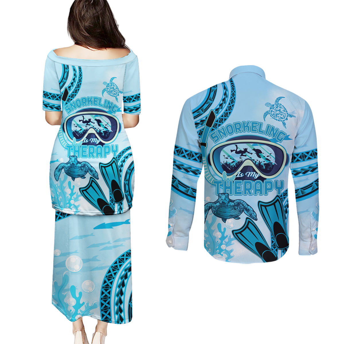 Hawaii Sea Turtle Snorkeling Is My Therapy Couples Matching Puletasi and Long Sleeve Button Shirt LT14 - Polynesian Pride