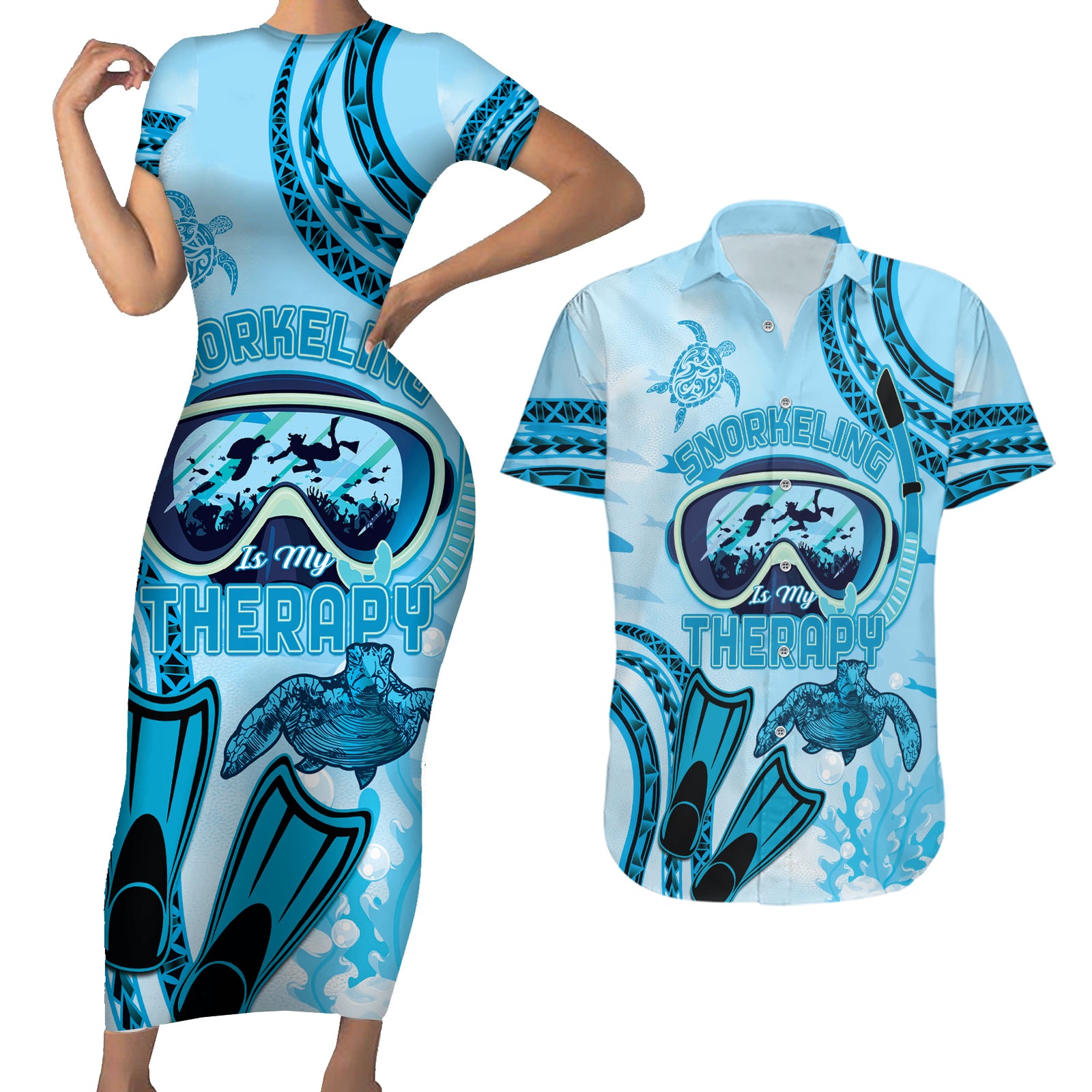 Hawaii Sea Turtle Snorkeling Is My Therapy Couples Matching Short Sleeve Bodycon Dress and Hawaiian Shirt LT14 Blue - Polynesian Pride