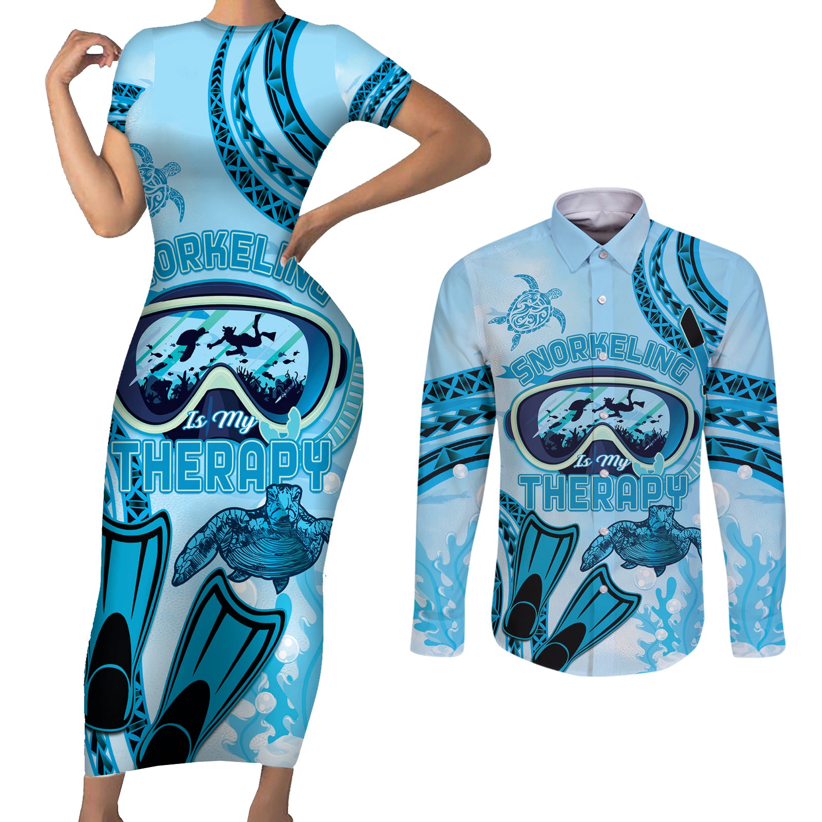 Hawaii Sea Turtle Snorkeling Is My Therapy Couples Matching Short Sleeve Bodycon Dress and Long Sleeve Button Shirt LT14 Blue - Polynesian Pride
