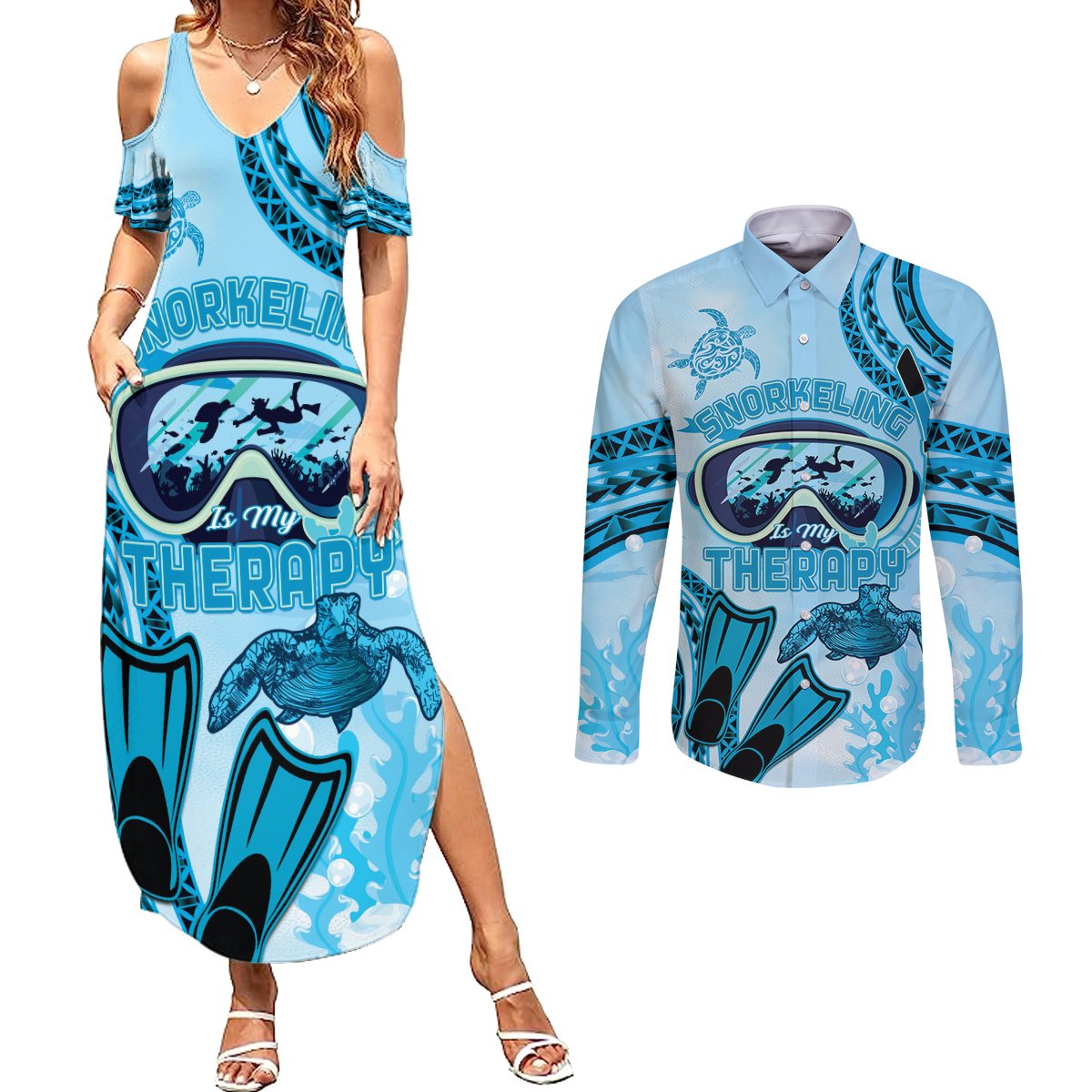 Hawaii Sea Turtle Snorkeling Is My Therapy Couples Matching Summer Maxi Dress and Long Sleeve Button Shirt LT14 Blue - Polynesian Pride