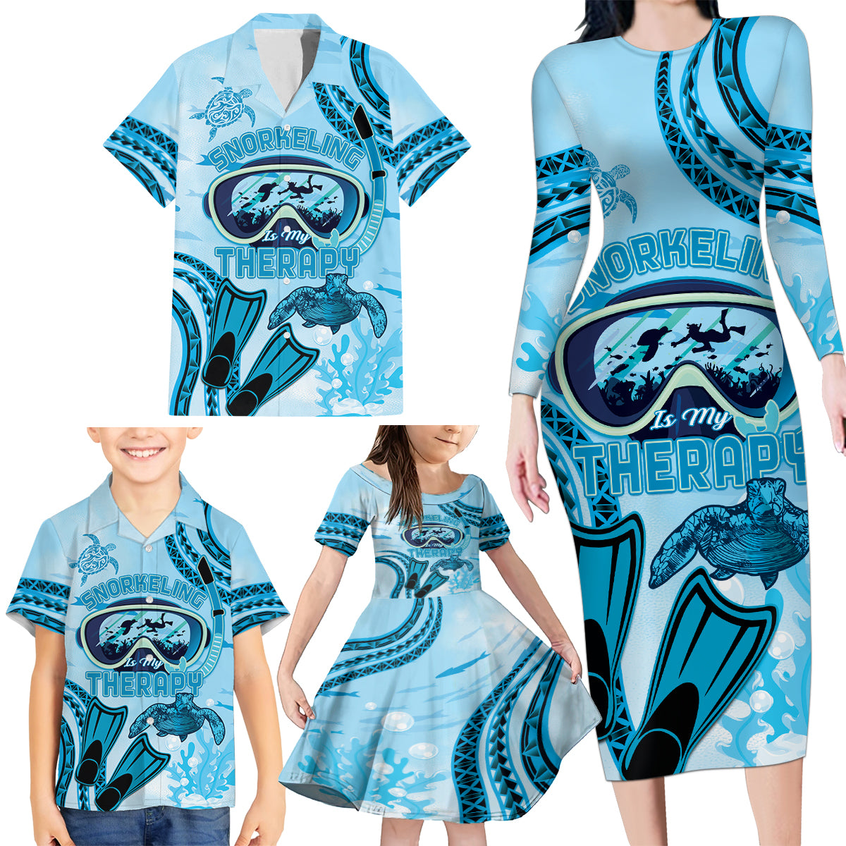 Hawaii Sea Turtle Snorkeling Is My Therapy Family Matching Long Sleeve Bodycon Dress and Hawaiian Shirt