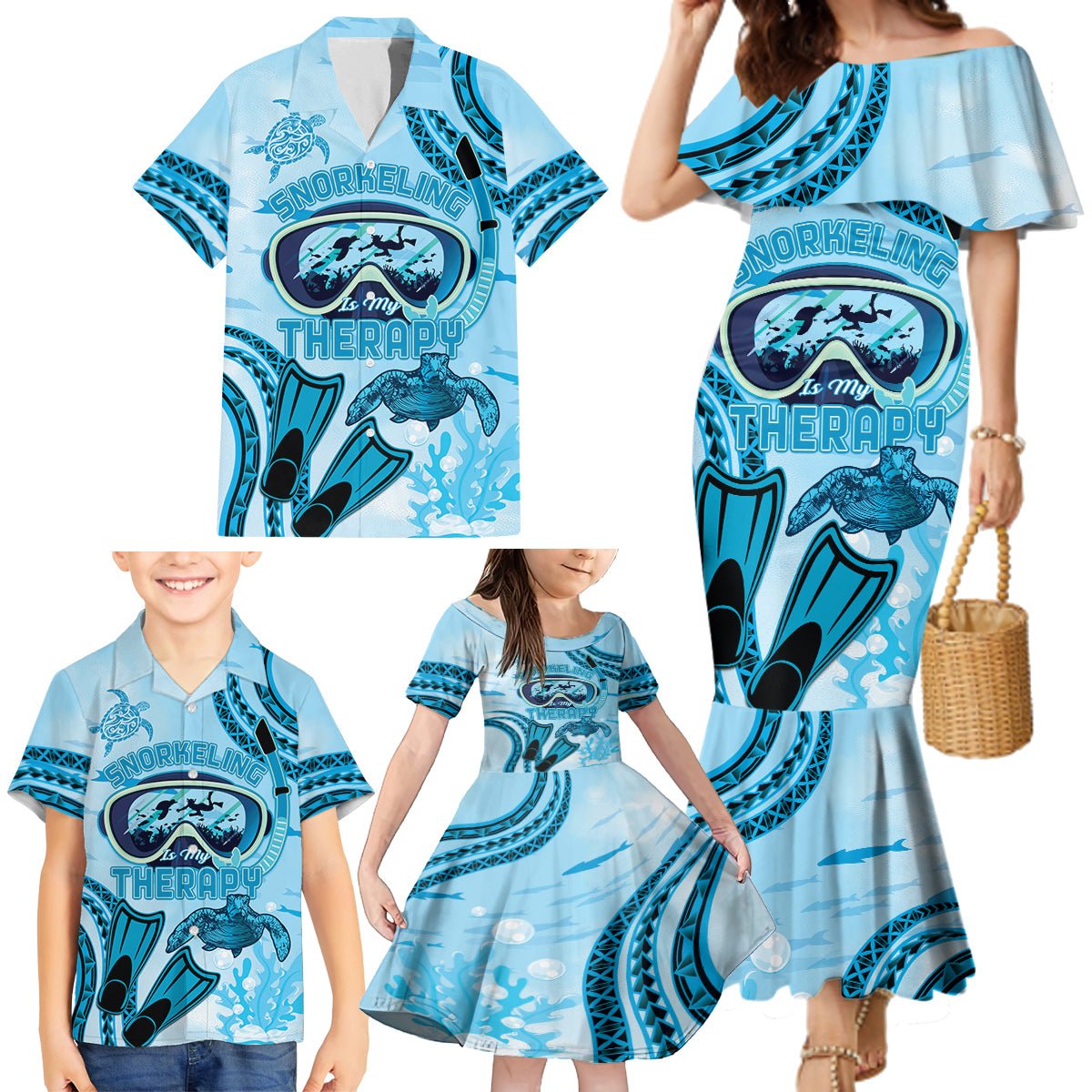 Hawaii Sea Turtle Snorkeling Is My Therapy Family Matching Mermaid Dress and Hawaiian Shirt