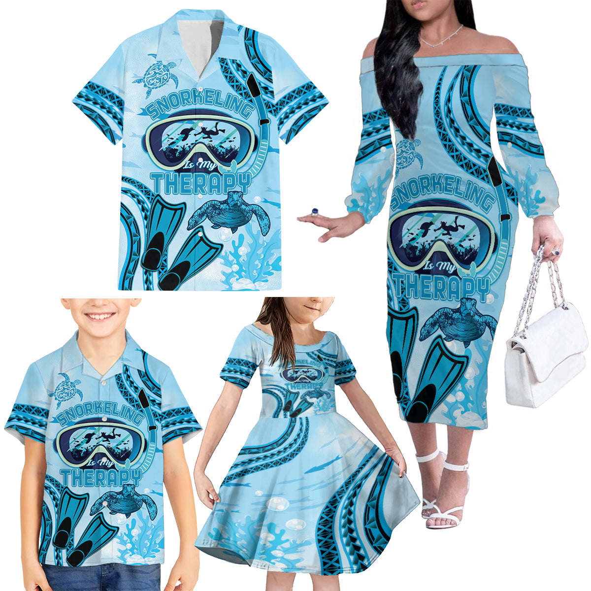 Hawaii Sea Turtle Snorkeling Is My Therapy Family Matching Off The Shoulder Long Sleeve Dress and Hawaiian Shirt