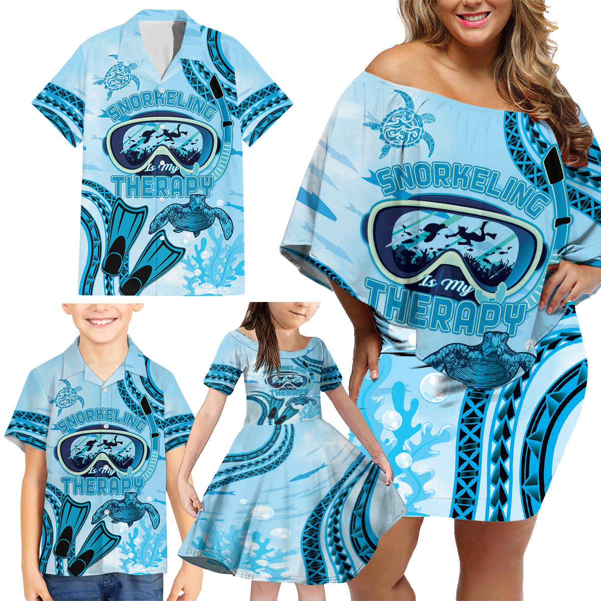 Hawaii Sea Turtle Snorkeling Is My Therapy Family Matching Off Shoulder Short Dress and Hawaiian Shirt LT14 - Polynesian Pride