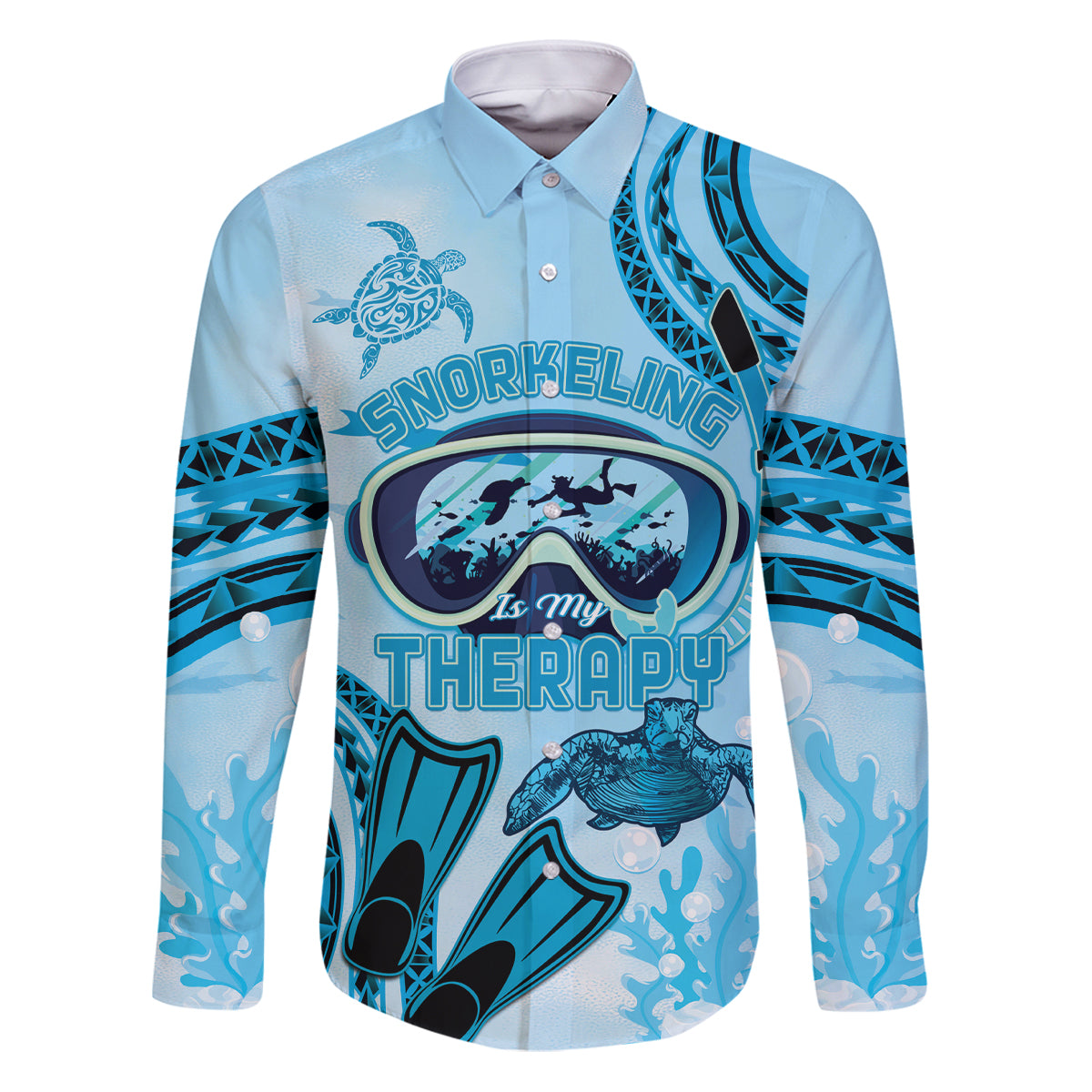 Hawaii Sea Turtle Snorkeling Is My Therapy Family Matching Puletasi and Hawaiian Shirt LT14 Dad's Shirt - Long Sleeve Blue - Polynesian Pride