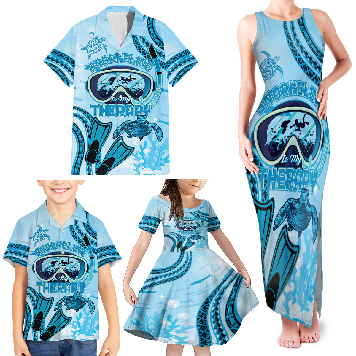 Hawaii Sea Turtle Snorkeling Is My Therapy Family Matching Tank Maxi Dress and Hawaiian Shirt