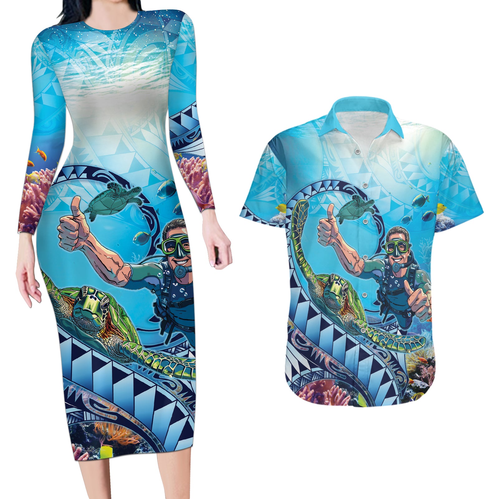 Hawaii Snorkeling Honu Turtle Couples Matching Long Sleeve Bodycon Dress and Hawaiian Shirt Under The Ocean Vibes