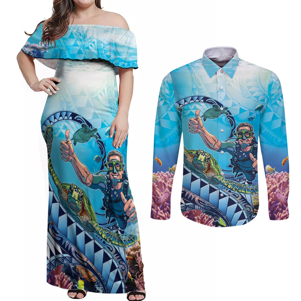 Hawaii Snorkeling Honu Turtle Couples Matching Off Shoulder Maxi Dress and Long Sleeve Button Shirt Under The Ocean Vibes LT14 Blue - Polynesian Pride