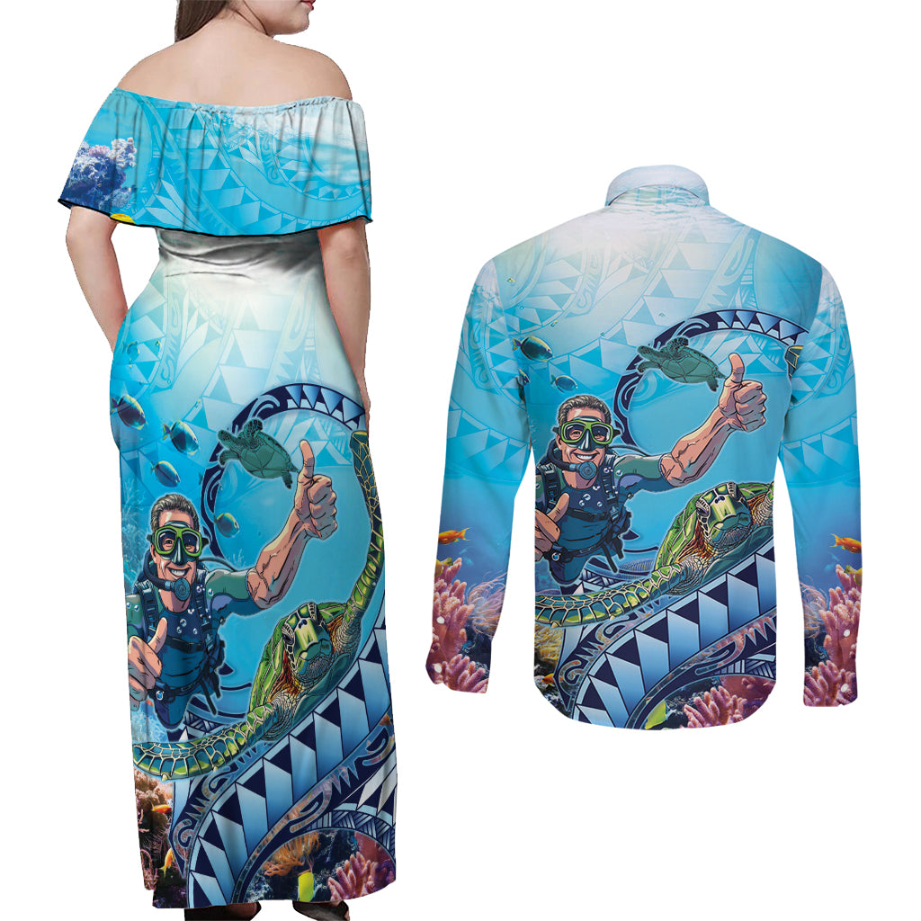 Hawaii Snorkeling Honu Turtle Couples Matching Off Shoulder Maxi Dress and Long Sleeve Button Shirt Under The Ocean Vibes