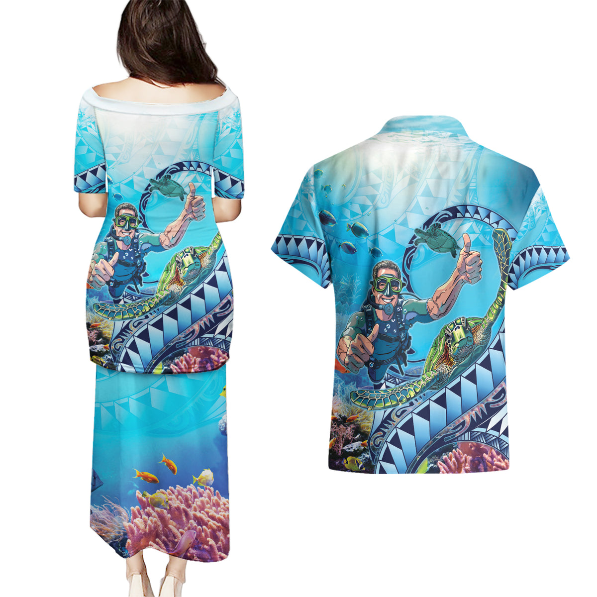 Hawaii Snorkeling Honu Turtle Couples Matching Puletasi and Hawaiian Shirt Under The Ocean Vibes LT14 - Polynesian Pride