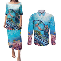 Hawaii Snorkeling Honu Turtle Couples Matching Puletasi and Long Sleeve Button Shirt Under The Ocean Vibes LT14 Blue - Polynesian Pride