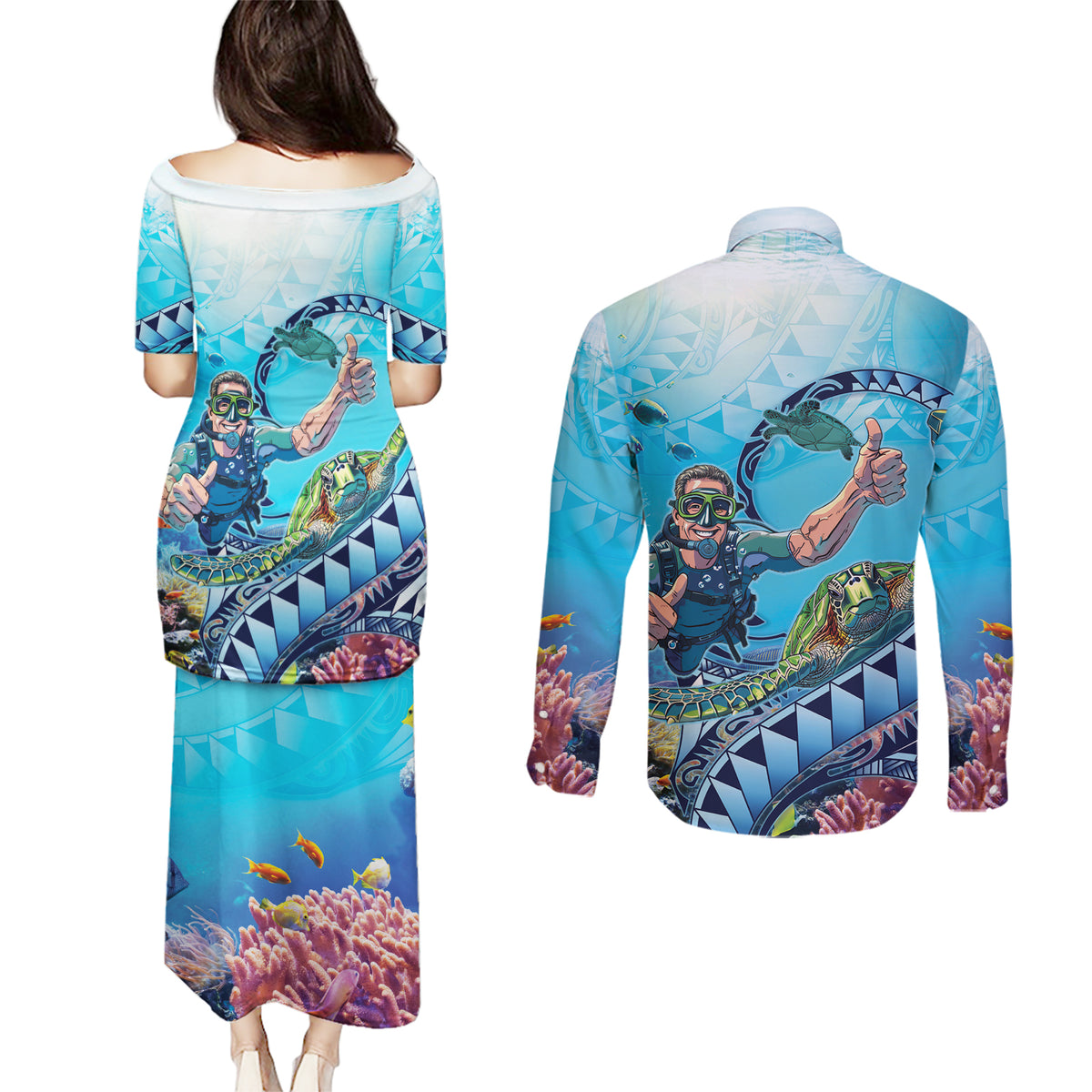 Hawaii Snorkeling Honu Turtle Couples Matching Puletasi and Long Sleeve Button Shirt Under The Ocean Vibes LT14 - Polynesian Pride