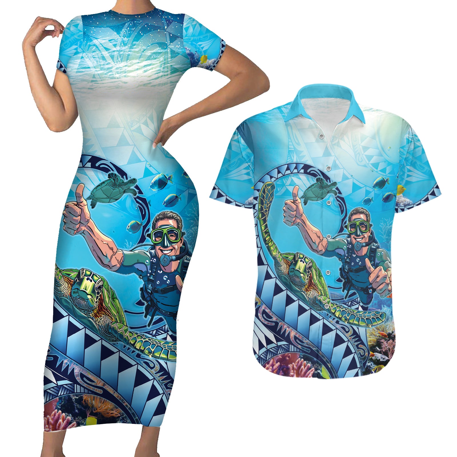Hawaii Snorkeling Honu Turtle Couples Matching Short Sleeve Bodycon Dress and Hawaiian Shirt Under The Ocean Vibes LT14 Blue - Polynesian Pride