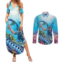 Hawaii Snorkeling Honu Turtle Couples Matching Summer Maxi Dress and Long Sleeve Button Shirt Under The Ocean Vibes LT14 Blue - Polynesian Pride