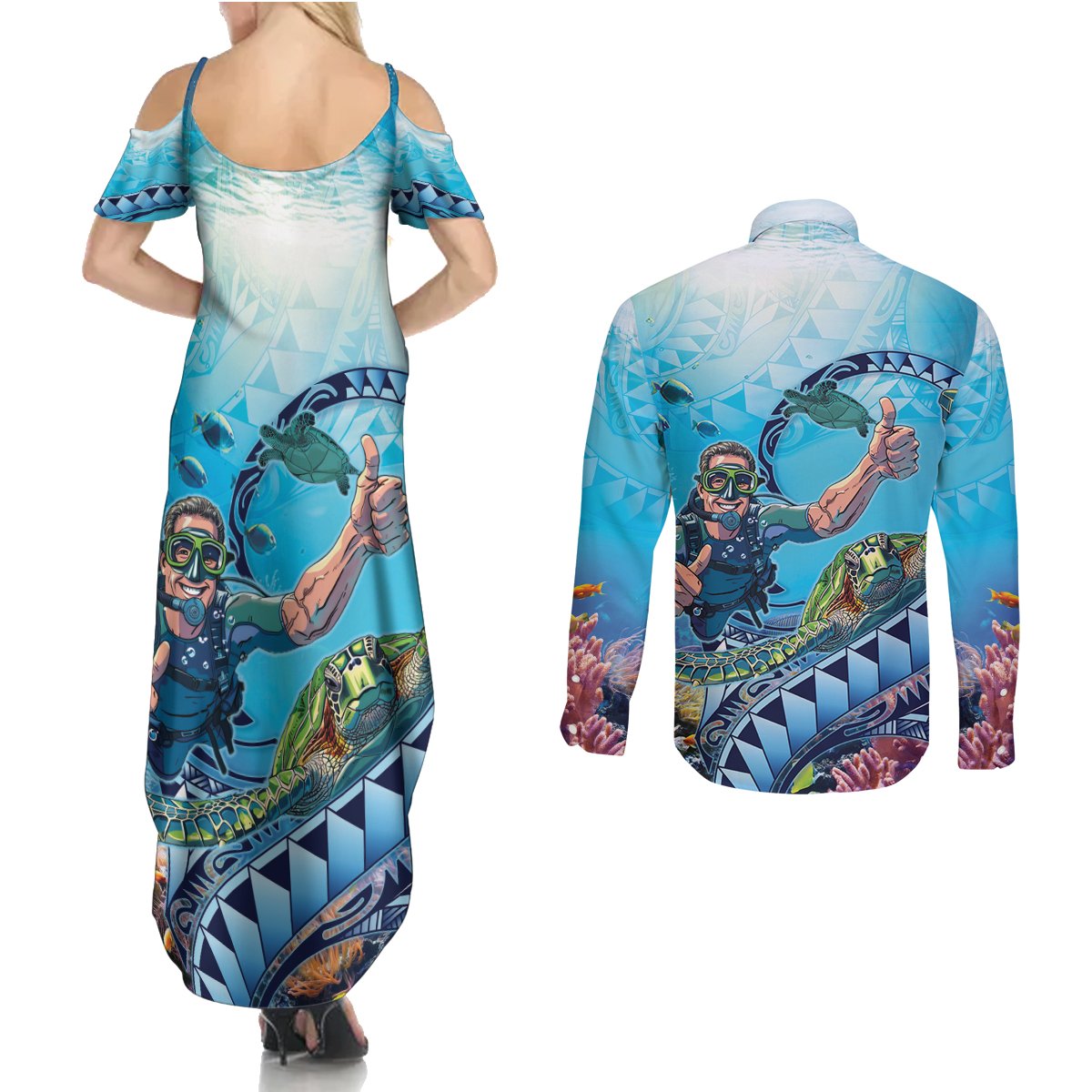 Hawaii Snorkeling Honu Turtle Couples Matching Summer Maxi Dress and Long Sleeve Button Shirt Under The Ocean Vibes LT14 - Polynesian Pride