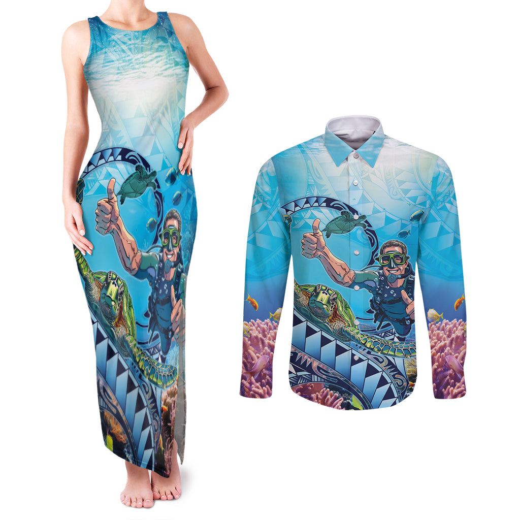 Hawaii Snorkeling Honu Turtle Couples Matching Tank Maxi Dress and Long Sleeve Button Shirt Under The Ocean Vibes LT14 Blue - Polynesian Pride