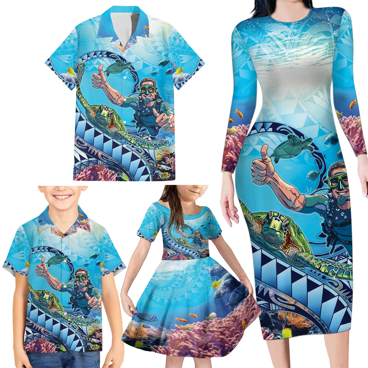 Hawaii Snorkeling Honu Turtle Family Matching Long Sleeve Bodycon Dress and Hawaiian Shirt Under The Ocean Vibes