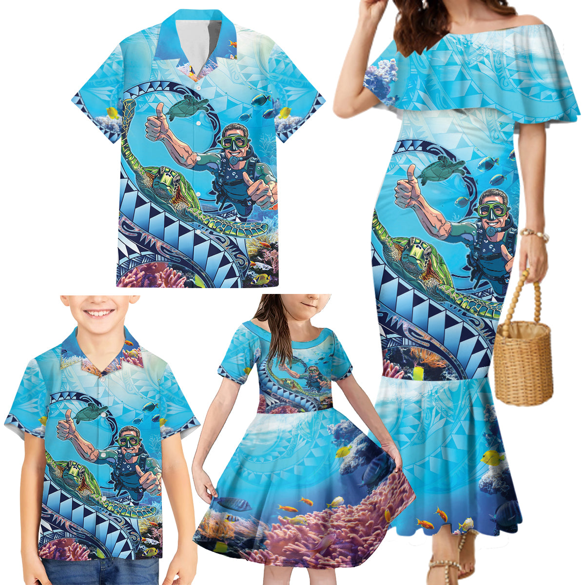 Hawaii Snorkeling Honu Turtle Family Matching Mermaid Dress and Hawaiian Shirt Under The Ocean Vibes