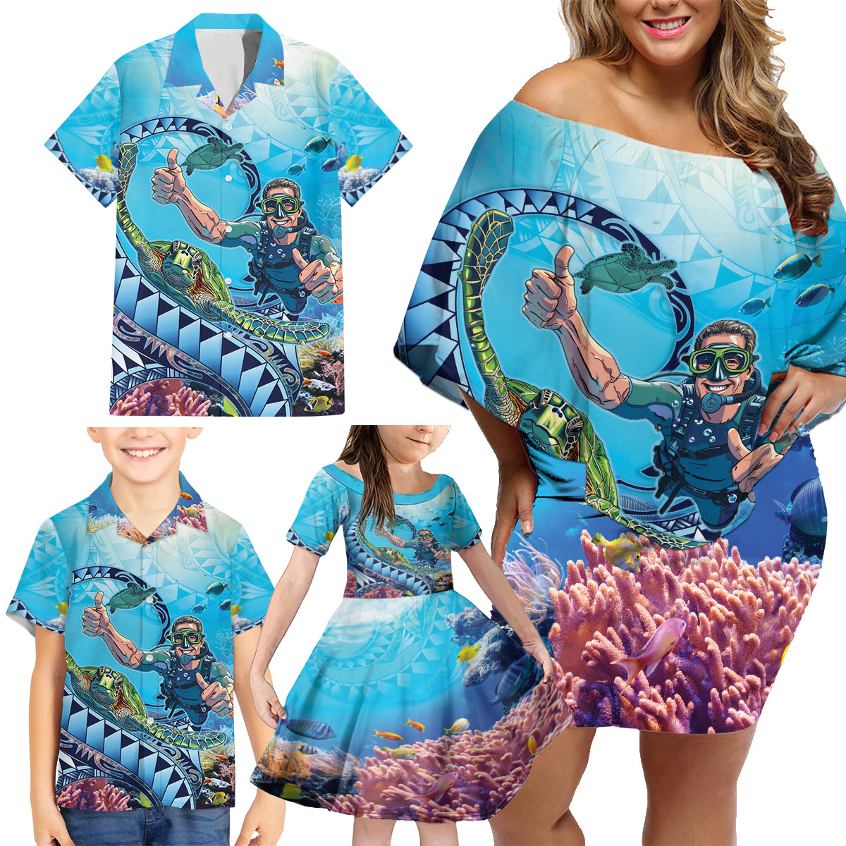 Hawaii Snorkeling Honu Turtle Family Matching Off Shoulder Short Dress and Hawaiian Shirt Under The Ocean Vibes