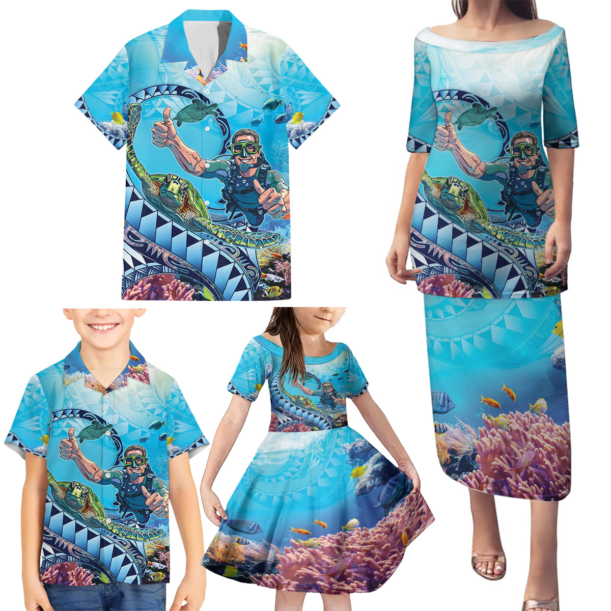 Hawaii Snorkeling Honu Turtle Family Matching Puletasi and Hawaiian Shirt Under The Ocean Vibes